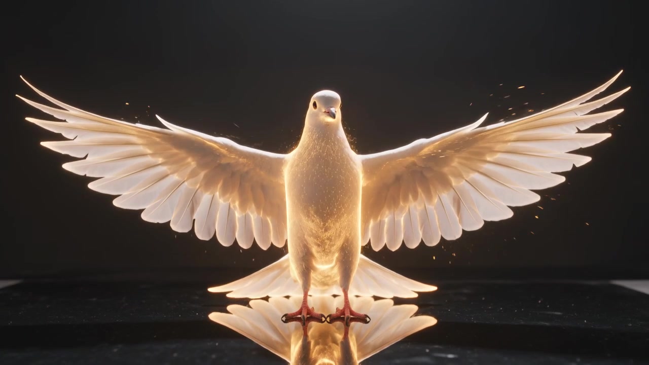 Opening white dove spreading wings on studio perch, stirring dust on glossy base under rim lighting