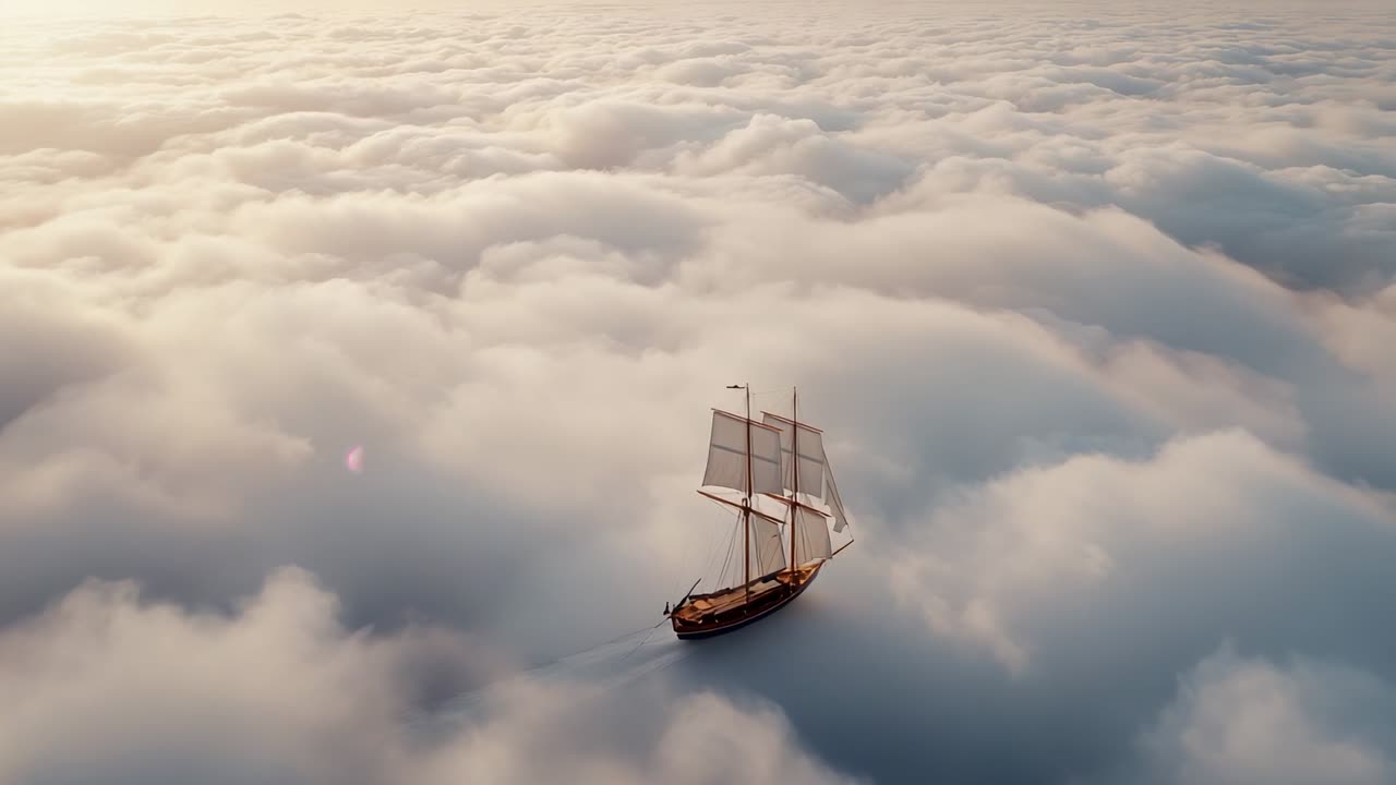 Filling sails with wind and propelling rigged wooden ship gliding above dawn clouds, copy space