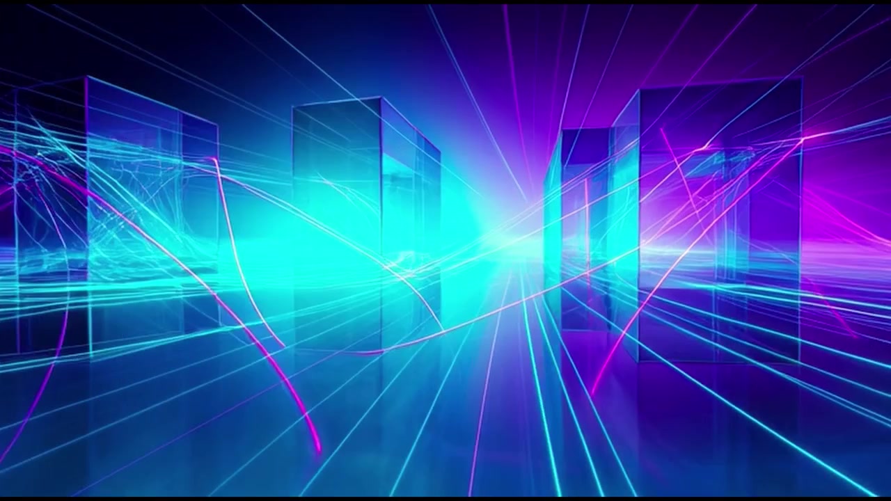 Abstract Motion Graphics with Glowing Neon Light Beams and Glass Cubes