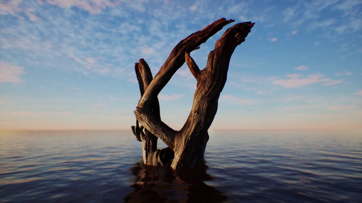 Legno galleggiante in acqua calma al tramonto