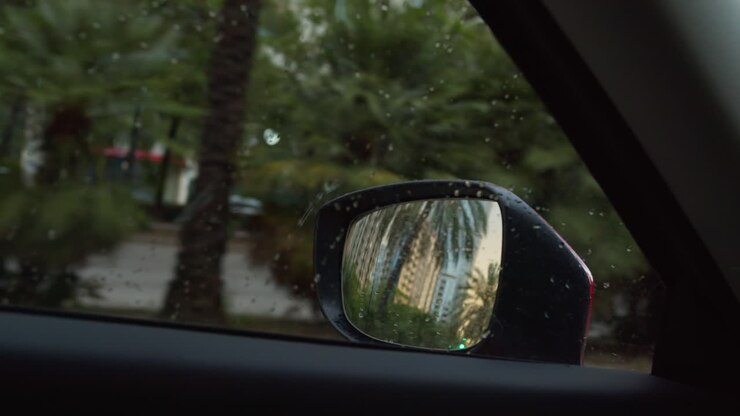 Raindrops on car window with side mirror view