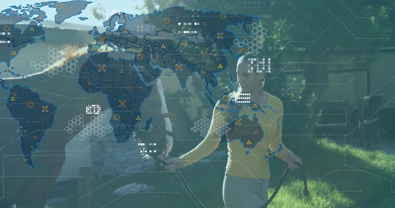 Animation of data processing and world map over caucasian woman with horse