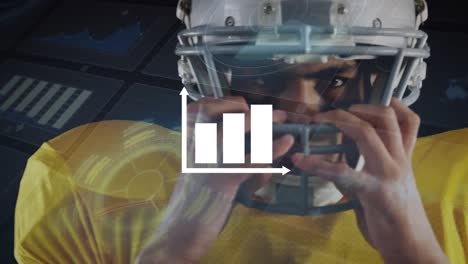 animation of statistical data processing over african american male rugby player wearing helmet