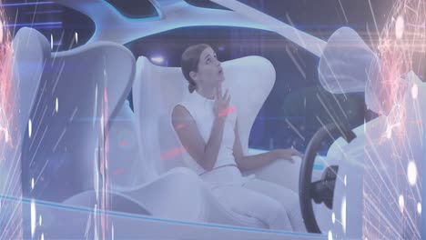 Animation-of-data-processing-and-connections-over-caucasian-woman-in-modern-car