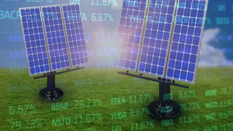 Animation-of-stock-market-financial-data-processing-over-solar-panels-in-field
