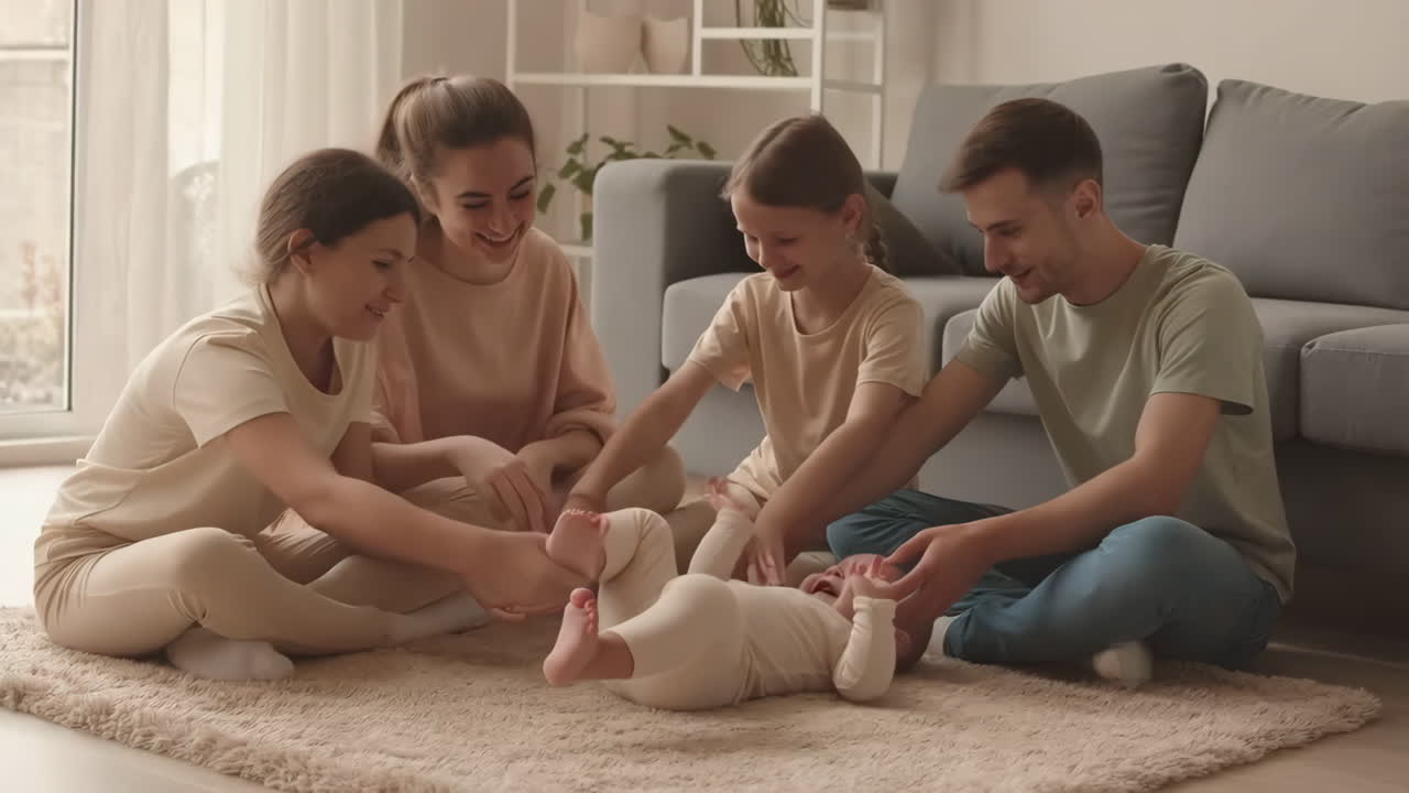 Family playing with baby indoors