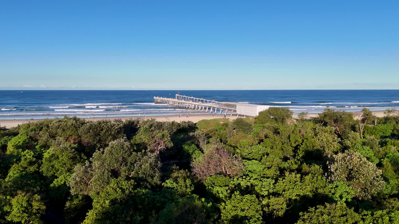 Drone footage captures a sunny day at Gold Coast beach with a prominent jetty and lush greenery