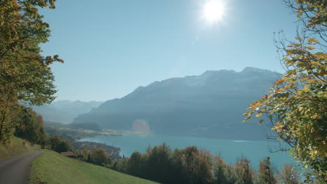 famous calming panoramic view of ship on lake brienz on the way up to brienzer rothorn in switzerland, europe