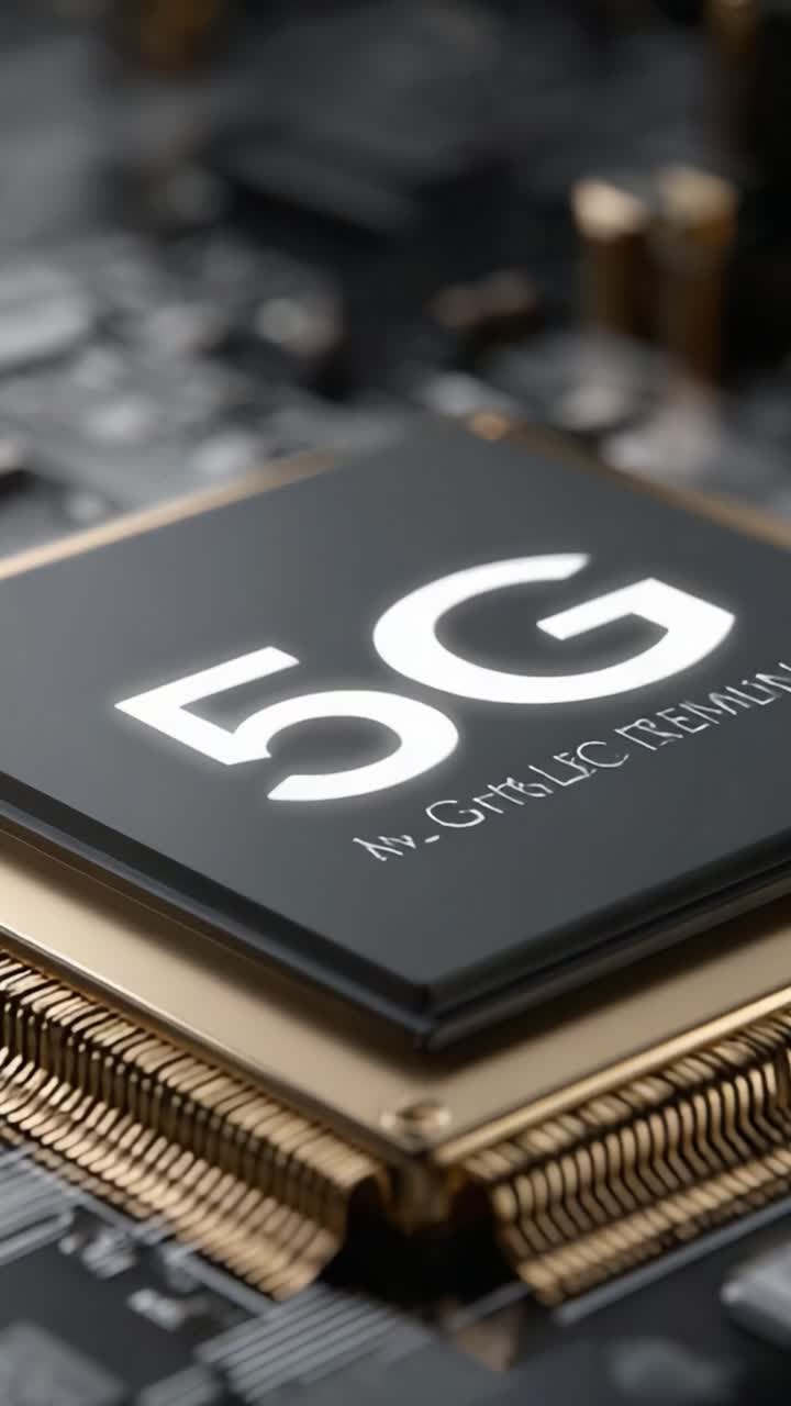 Primo piano di un chip per circuito integrato 5G che mette in mostra la tecnologia avanzata e la connettività moderna nelle apparecchiature elettroniche