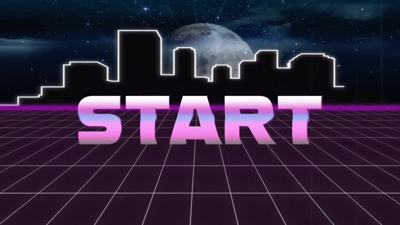 animación pantalla de videojuegos vintage con palabra metálica comienzo escrito