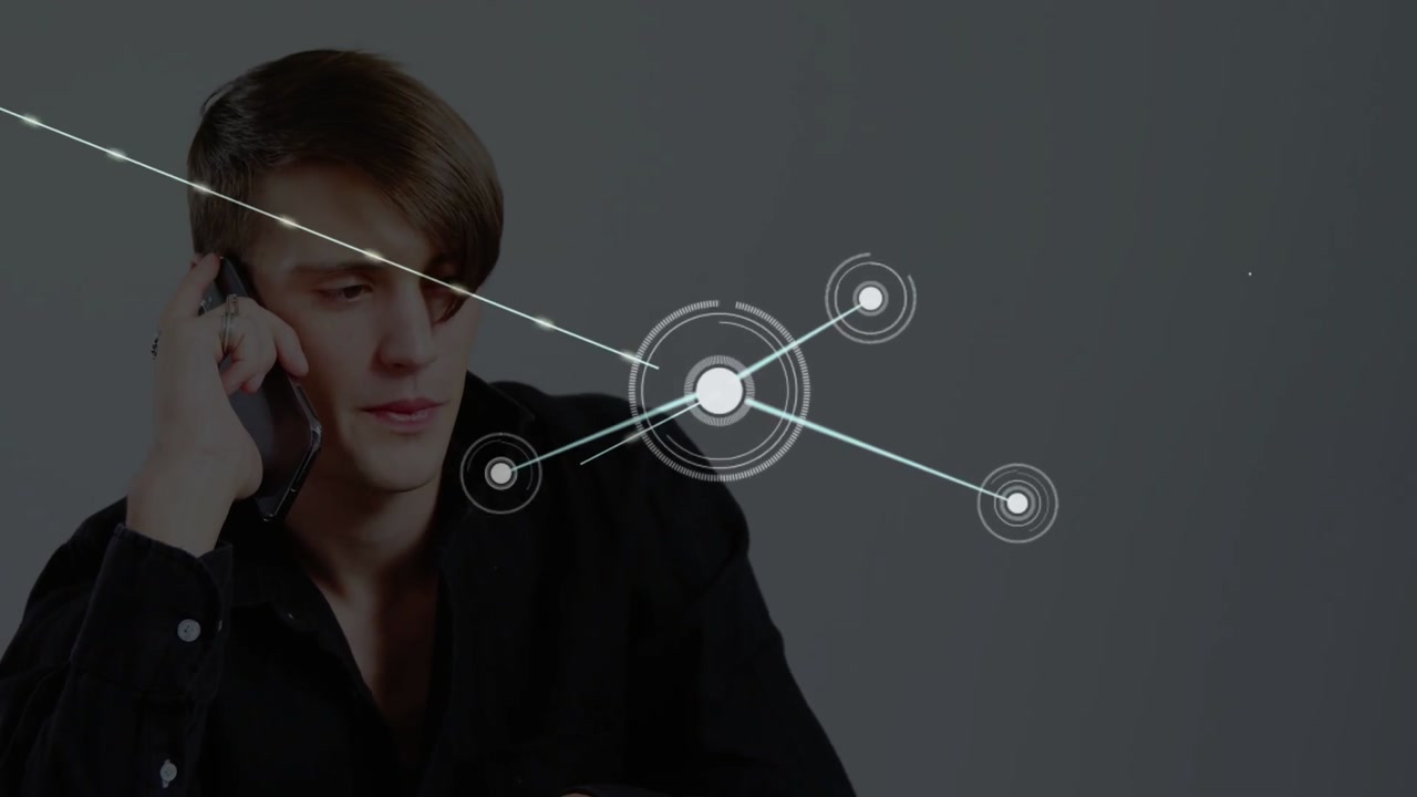 Man holding phone talking on glancing network nodes expanding overlaying face aiding tech creators