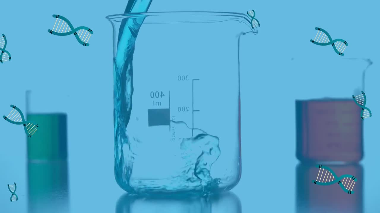 실험실 유리창에 물을 고 있는 dna의 애니메이션과 파란색 배경