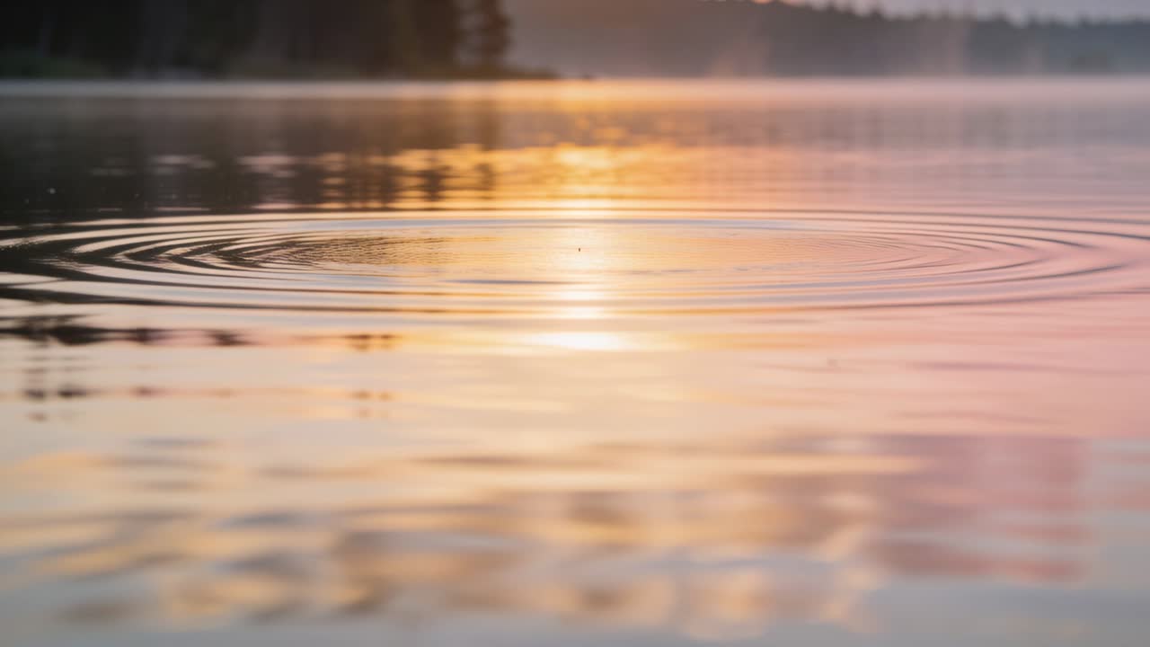 Forming round water ripples from tiny droplet on calm lake at sunrise, crossing sun reflection