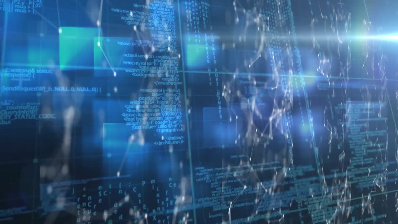 Animation of network of connections and data processing on glowing blue background