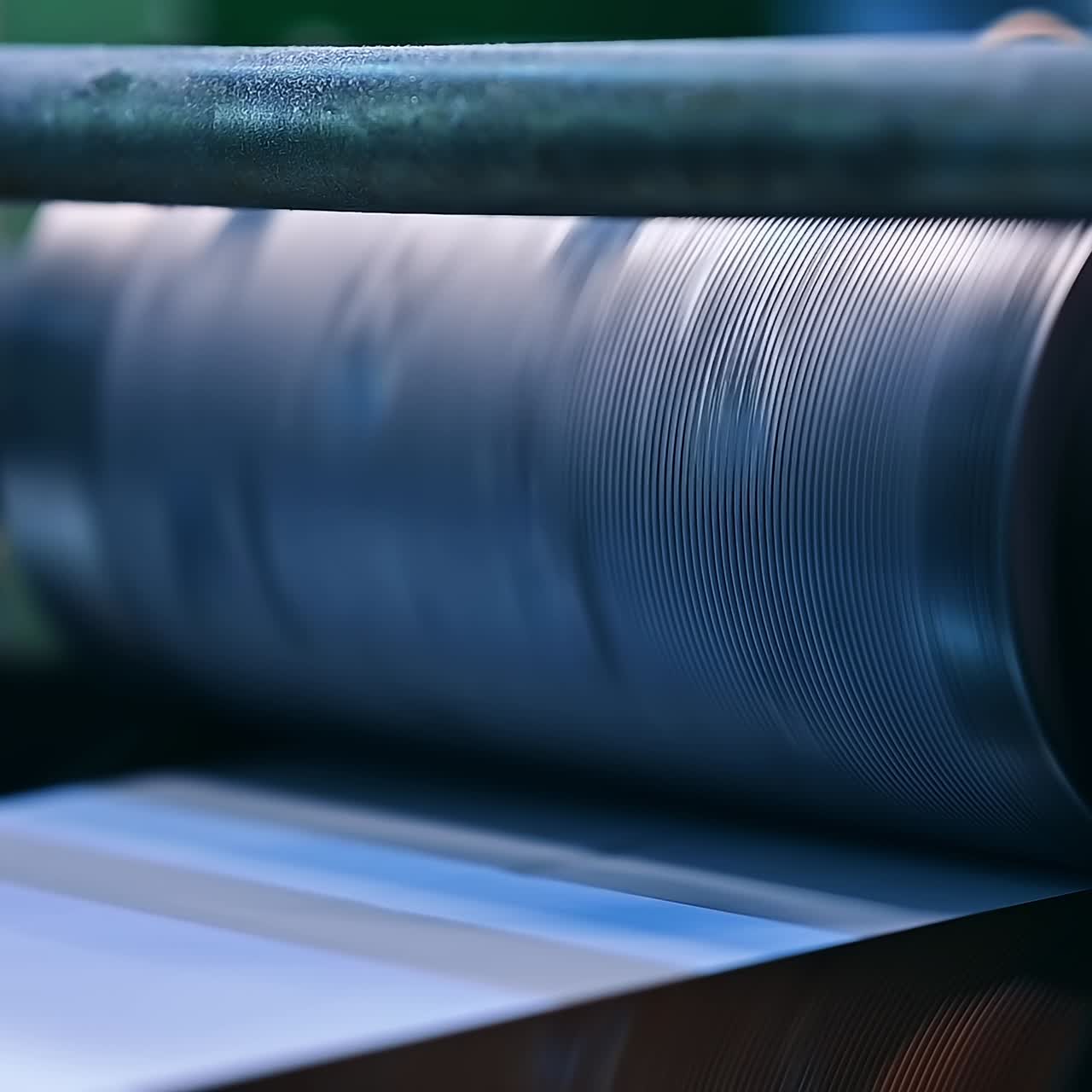 Big shaft with little ridges is spinning quickly. The large rotating shaft in the production of diapers