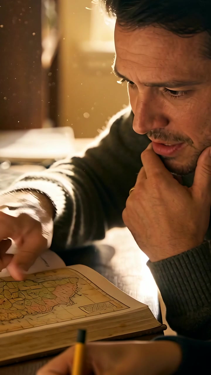Vertical video: Pencil entering frame, man in sweater tracing atlas routes at table, planning trip