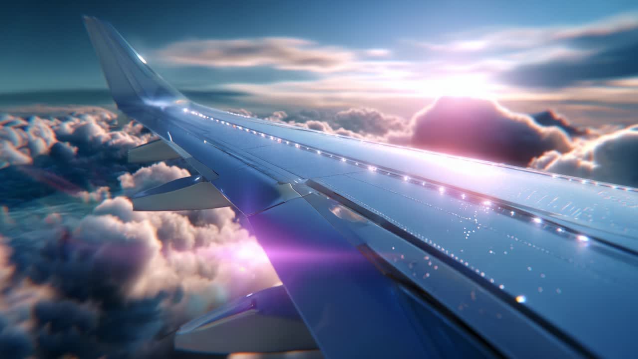 Captivating View from an Airplane Wing: A Stunning Journey Above the Clouds at Sunset, Showcasing the Majestic Colors of the Sky and the Elegant Design of Modern Aircraft Technology