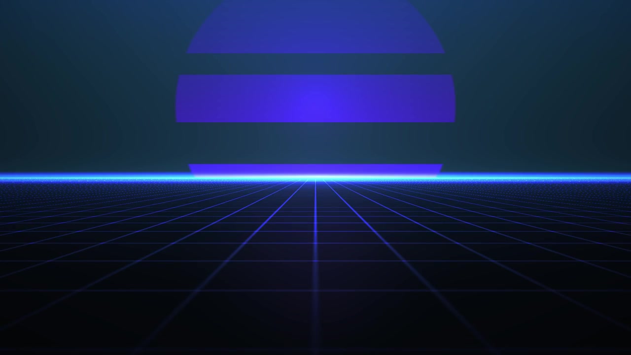 Retro Synthwave Style Grid Landscape with Glowing Purple Sun