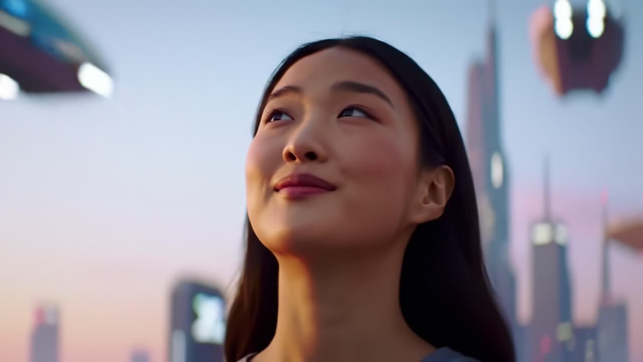 Young Woman Looking Up at the Future City