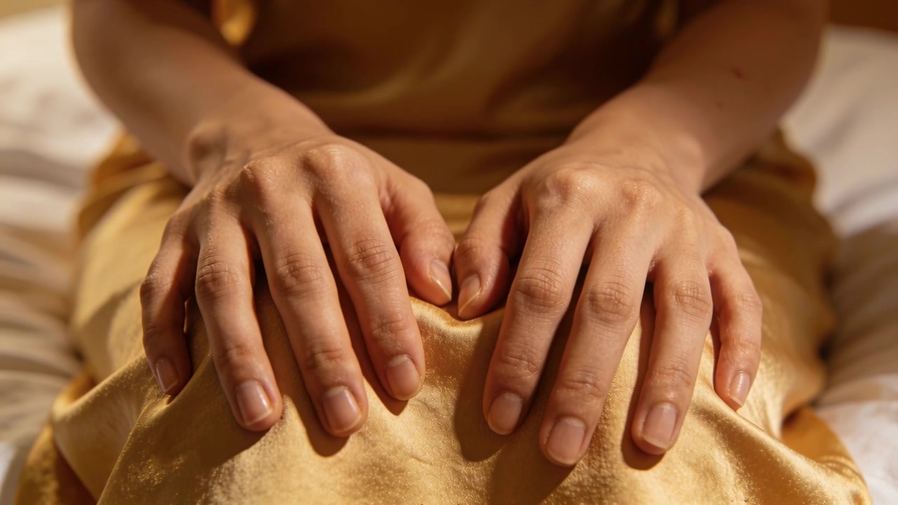 Donna che si sistema, premendo le dita su una gonna dorata sul letto dopo aver riposato le mani, lisciando il tessuto.