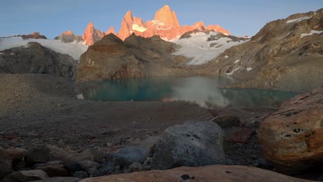 mount fitz roy timelapse in patagonia, viedma melt lake, snowy peaks and granite rock formations, patagonian landscape in argentina and chile