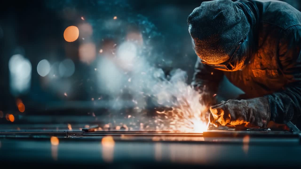 Crafting Metal Sparks: A Skilled Worker Engaged in Precision Welding under Low Light Conditions, Showcasing the Dynamic Art of Metal Fabrication and Industrial Techniques