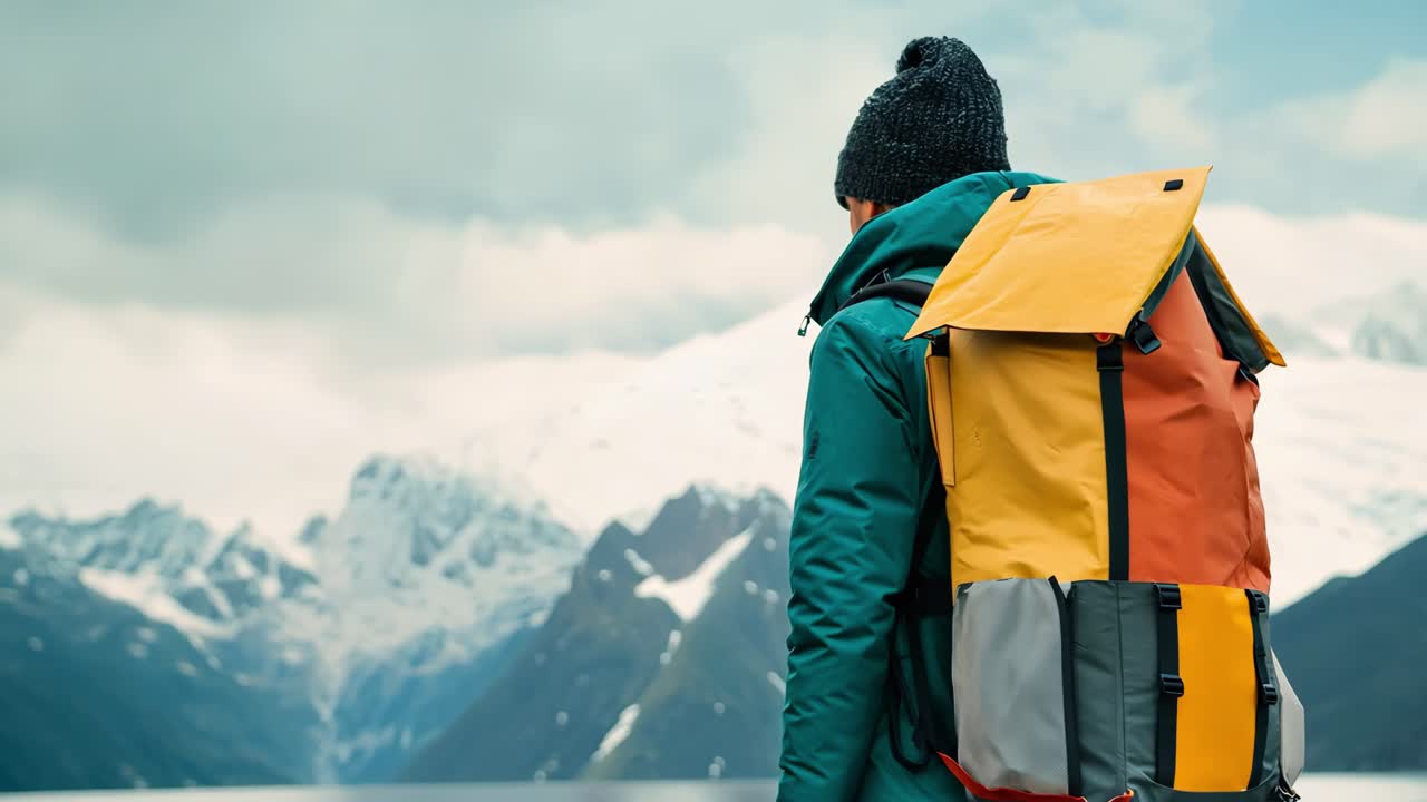Young backpacker standing near alpine lake, wearing colorful winter gear and admiring majestic snow covered mountain range with serene reflection of pristine wilderness landscape