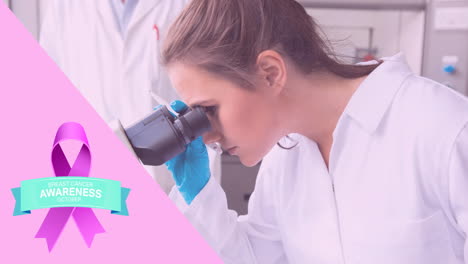 animation of pink ribbon logo with breast cancer text over female doctor in laboratory