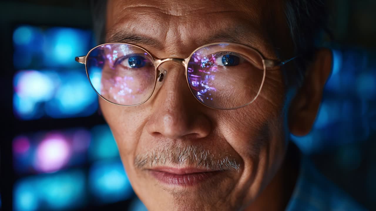 A Thoughtful Elderly Man with Glasses Engaged in Reflection, Gazing Intently, Surrounded by a Mystical Glow of Screens Displaying Various Colors and Scenes, Exemplifying Wisdom and Contemplation