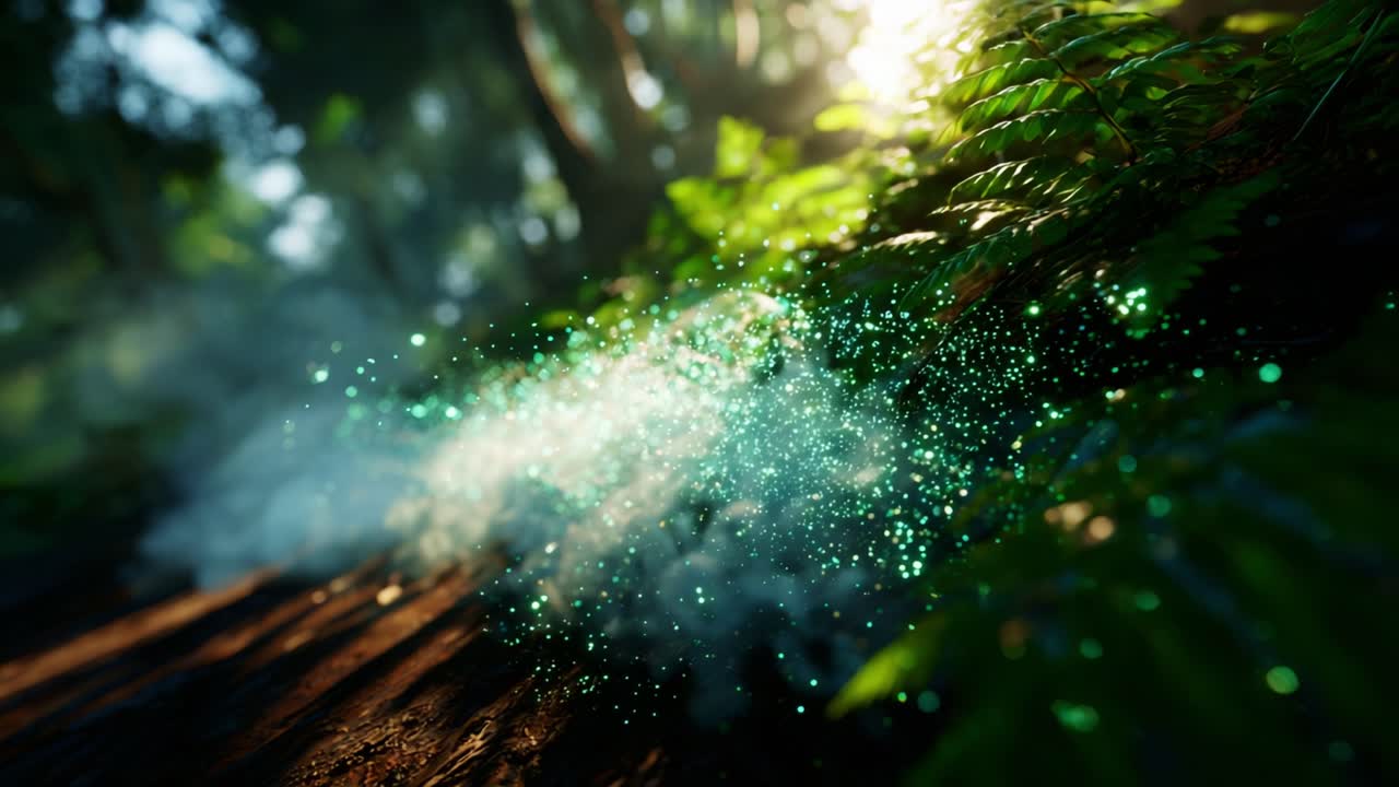 A Magical Forest Scene with Ethereal Glittering Particles Dancing Through Sunlit Ferns, Capturing the Essence of Nature's Beauty and Mystique in an Enchanted Environment