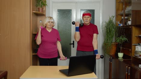 pareja de ancianos viendo ejercicios de entrenamiento en línea en el teléfono móvil y entrenando con pesas