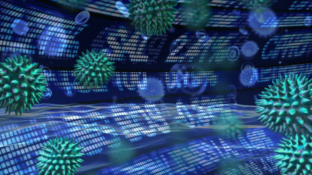 Animazione di macro cellule di coronavirus Covid-19 che si diffondono su informazioni finanziarie scorrevoli del mercato azionario