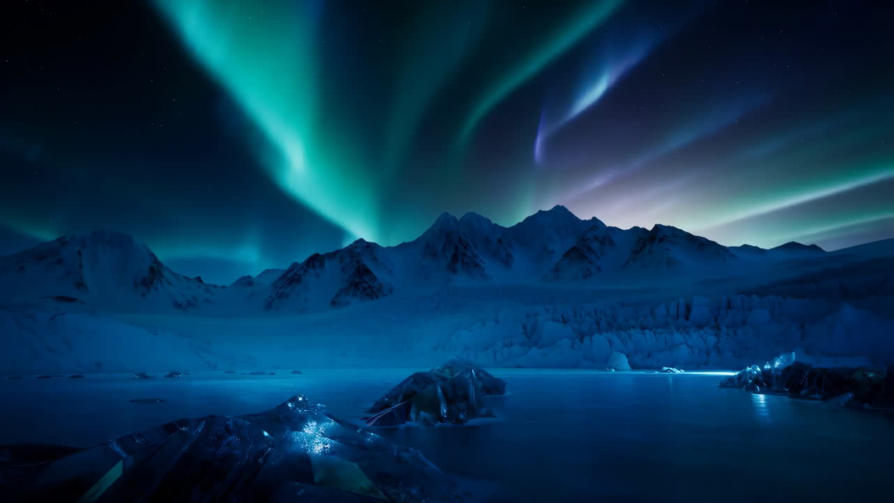 Vibrant Aurora Borealis Over Snowy Mountains and Frozen Lake