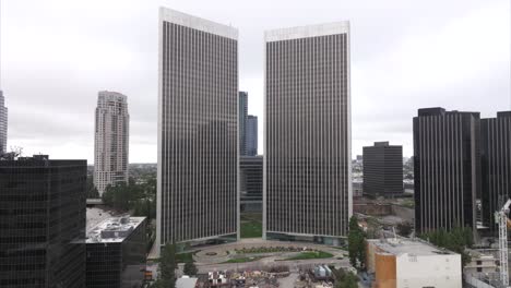 Century-Plaza-Towers-in-Century-City,-California,-USA---ascending-aerial