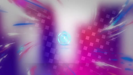 Animation-of-clock,-with-swirling-colours-and-squares,-over-blurred-pink-and-purple-shapes