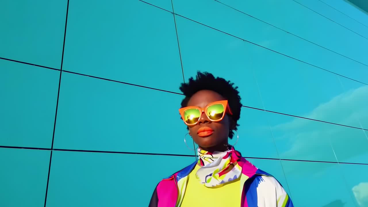 Stylish Young Black Woman Posing Against a Vibrant Turquoise Wall