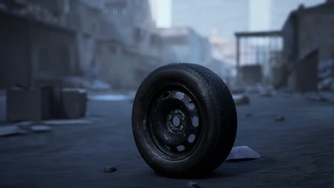 an abandoned black tire rests on a deserted urban street after a storm