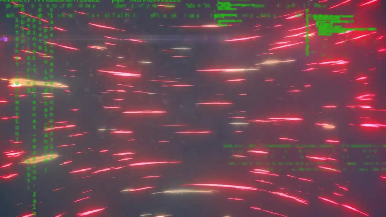 Animazione di elaborazione dati e scie di luce al neon rosse che ruotano in un motivo continuo