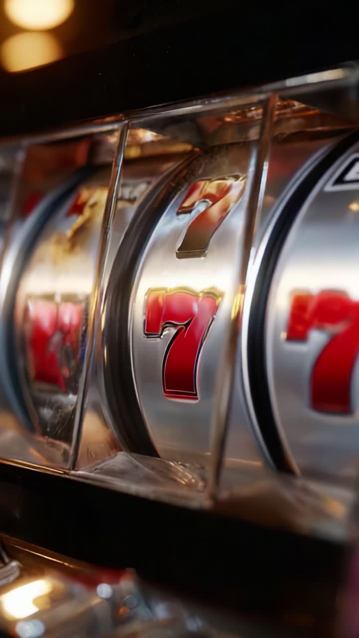 Bobine di slot machine rotanti che mostrano da vicino gli iconici simboli del jackpot Triplo Sette in alta definizione, catturando l'eccitazione del gioco d'azzardo e della fortuna