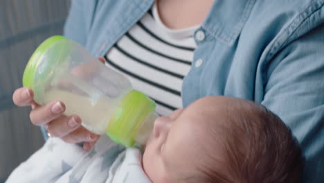 Madre-Feliz-Alimentando-Al-Bebé-Bebiendo-De-Una-Botella-De-Leche-Mamá-Amorosa-Cuidando-Al-Bebé-Disfrutando-De-La-Maternidad-Relajándose-En-Casa