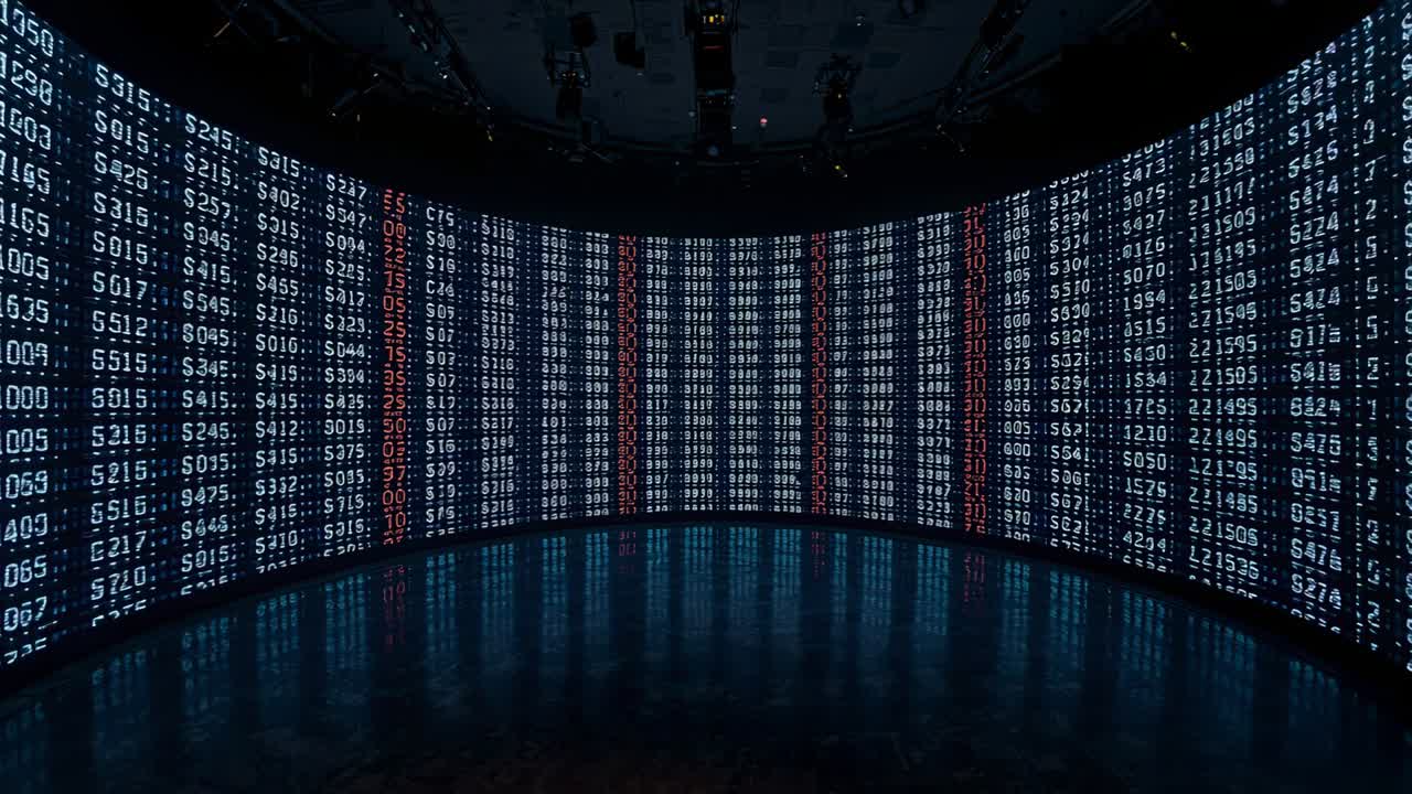 Curved LED wall updating finance numbers in showroom, red columns shifting inward, floor reflecting
