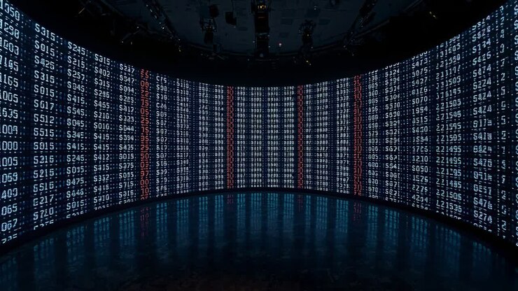 Curved LED wall updating finance numbers in showroom, red columns shifting inward, floor reflecting