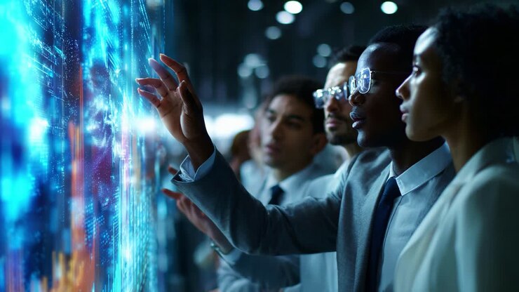 A group of professionals engaging with advanced digital technology, analyzing interactive data visualizations and digital interfaces for insights and innovative solutions
