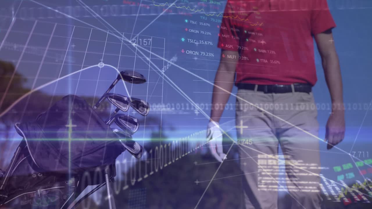 Animation of data processing over caucasian male golf player