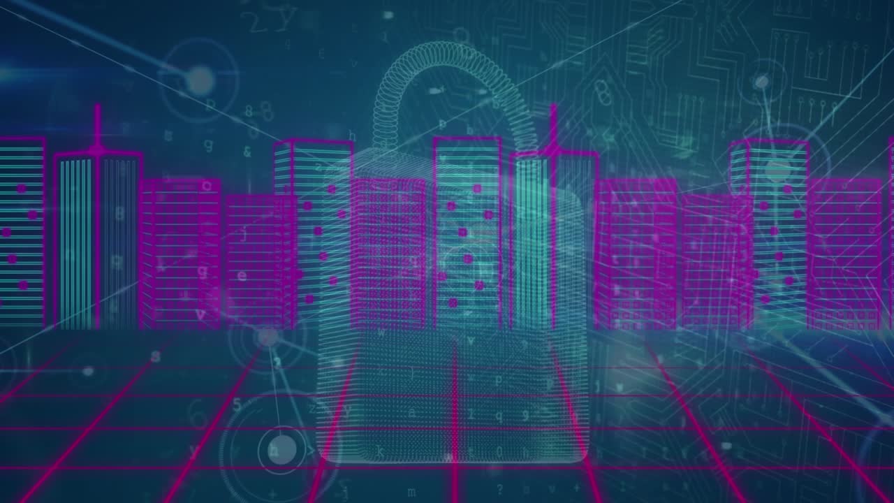 Animation of data processing and padlock over digital cityscape