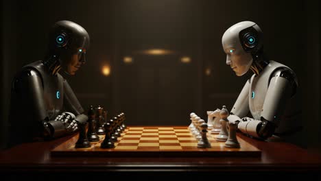 two advanced robots engaged in a strategic game of chess, showcasing the intersection of technology and ai in a thought-provoking battle of wits