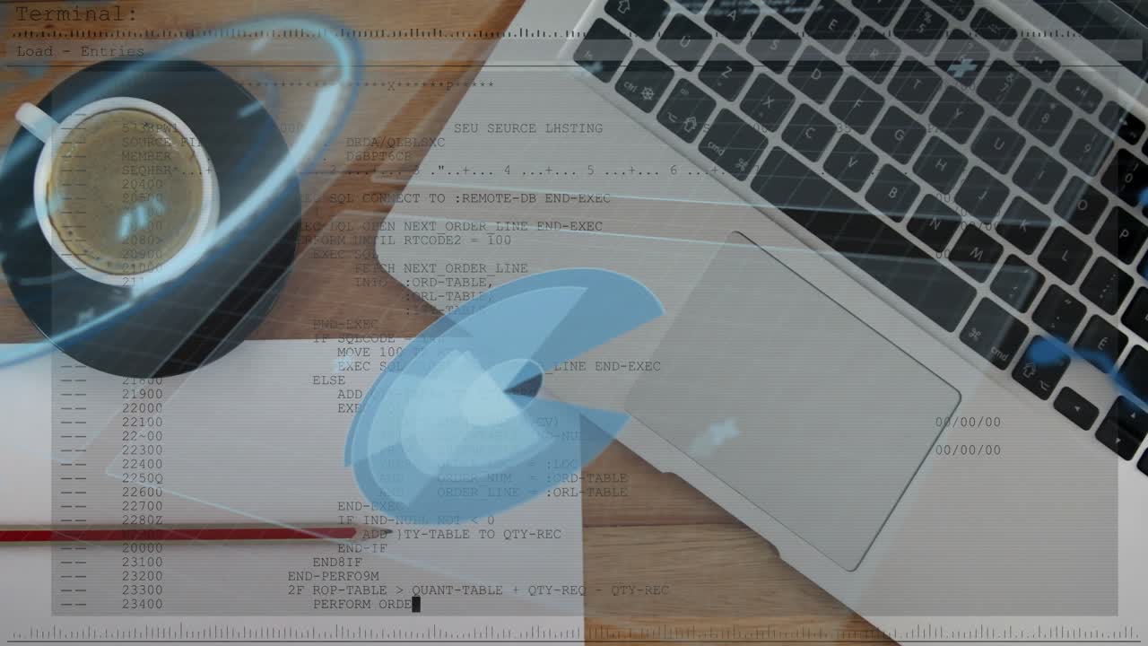 Hologram appearing at laptop trackpad rotating code flowing finger tapping highlighting live demo