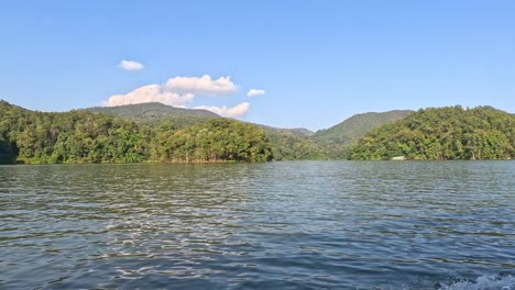 calm water with forested mountains and clear sky