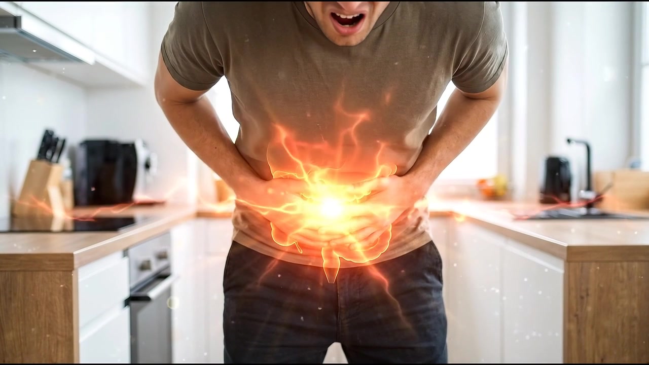 Uomo con forte dolore addominale e sovrapposizione luminosa del sistema digestivo