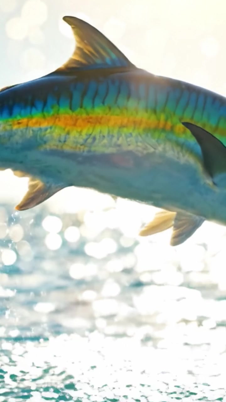 Un pesce vivace che rompe la superficie dell'acqua scintillante all'alba, mostrando la bellezza della natura in un ambiente acquatico cristallino.